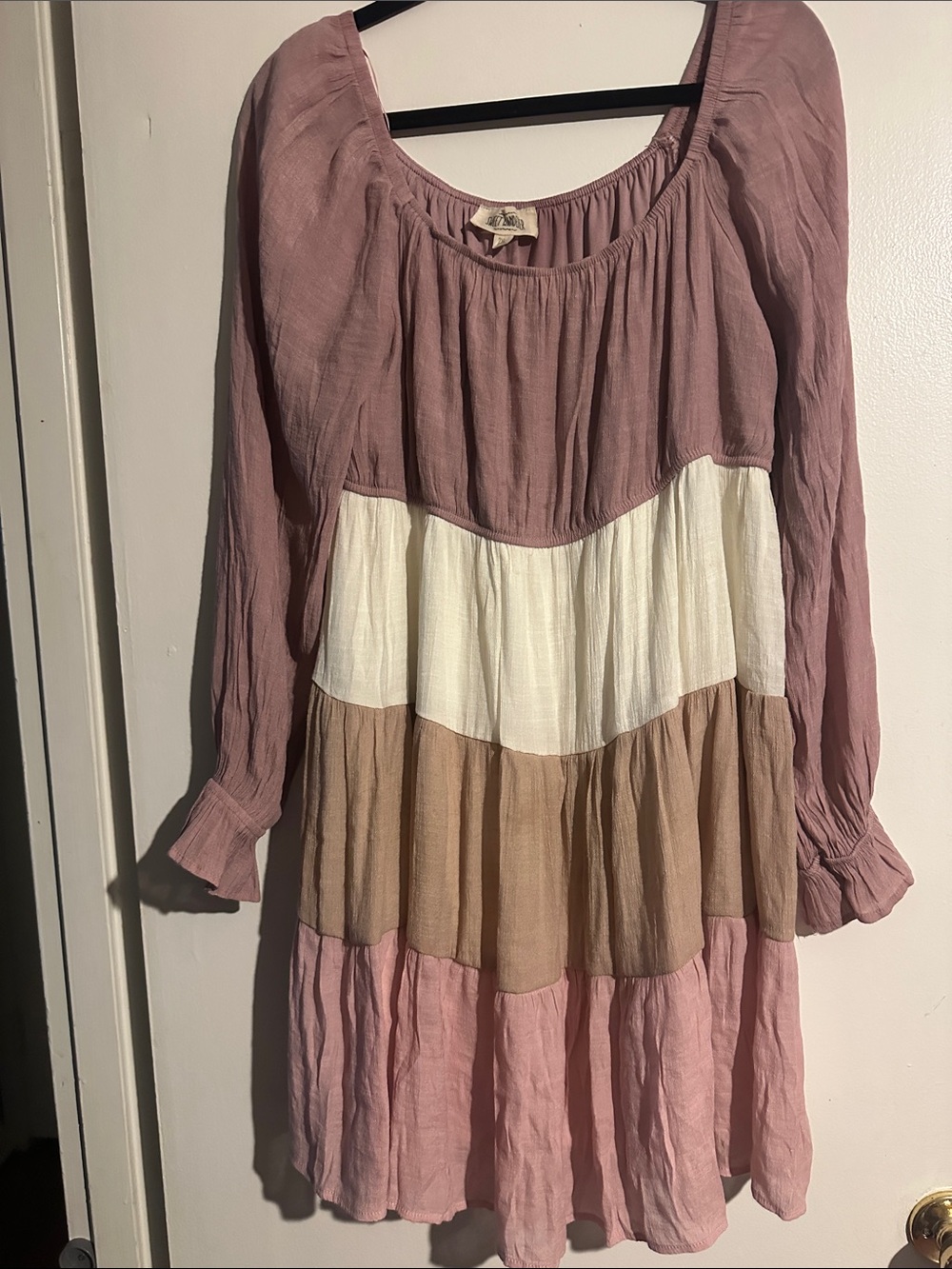 Sweet Wanderer Mauve, Cream & Tan Tiered Long-Sleeve Dress